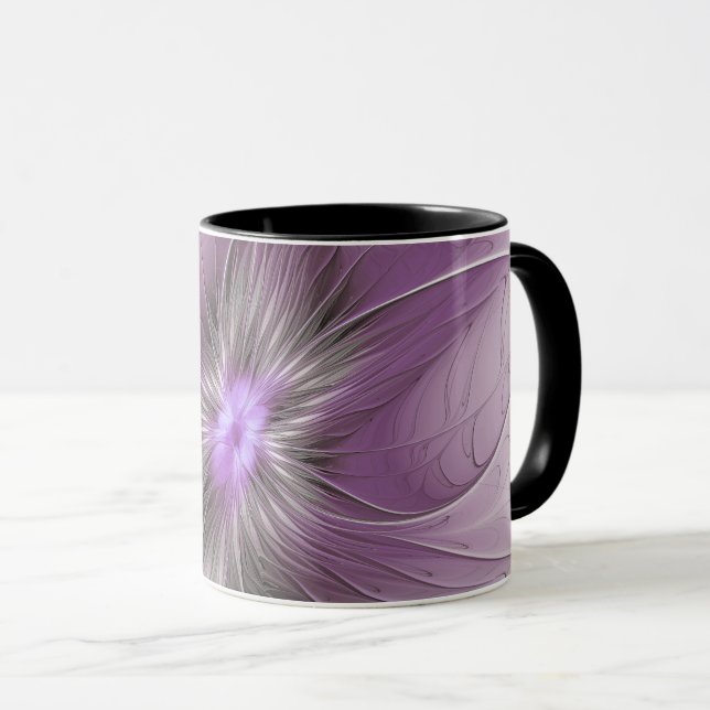 Mug Petite Beauté Moderne Gris Mauve Art Fractal Fleur (Devant droit)