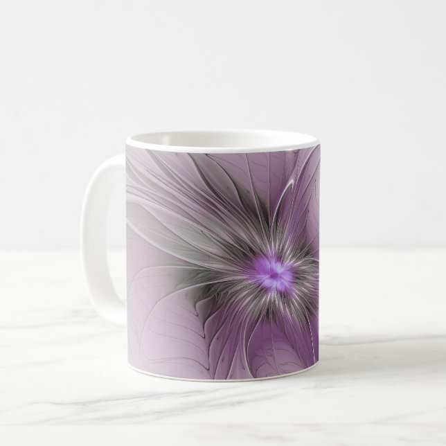 Mug Petite Beauté Moderne Gris Mauve Art Fractal Fleur (Devant gauche)