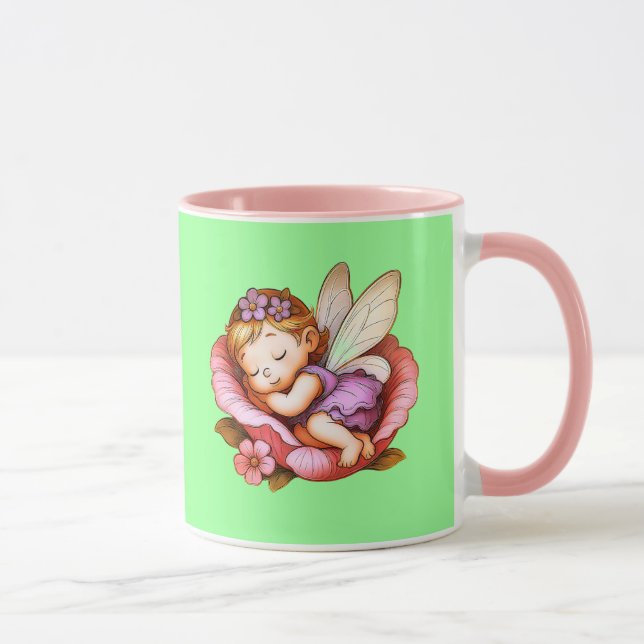 Mug Petite fée endormie dans une fleur rose pastel. (Droite)