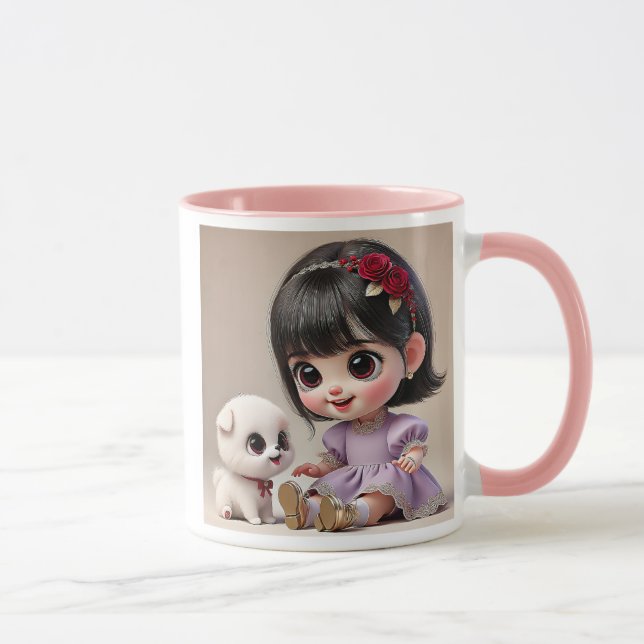 Mug Petite fille au bandeau fleuri et son chiot blanc. (Droite)