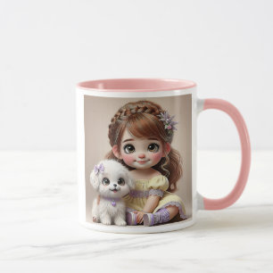 Mug Petite fille au bandeau fleuri et son chiot blanc.