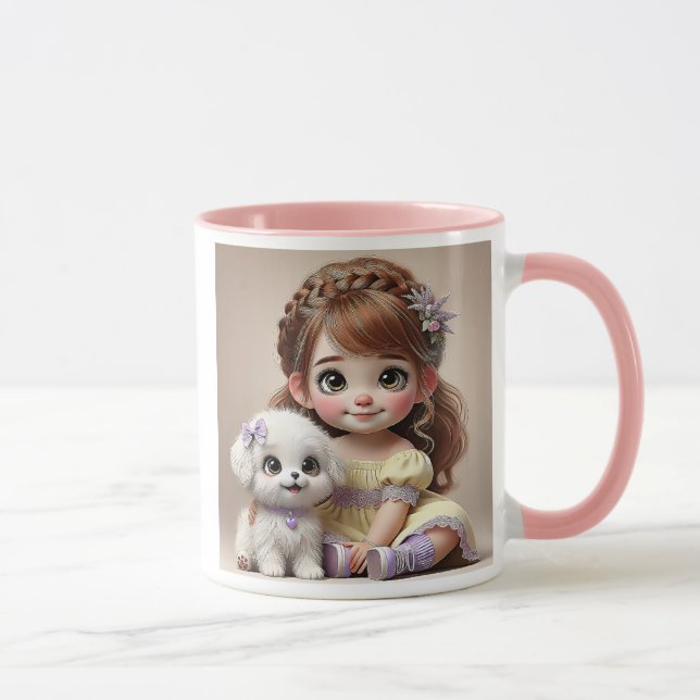 Mug Petite fille au bandeau fleuri et son chiot blanc. (Droite)