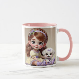 Mug Petite fille au bandeau fleuri et son chiot blanc.