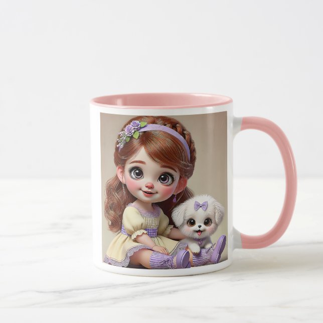 Mug Petite fille au bandeau fleuri et son chiot blanc. (Droite)