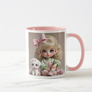 Mug Petite fille au nœud rose et son chiot blanc.