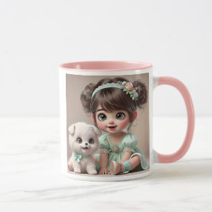 Mug Petite fille en robe verte et son chiot blanc .