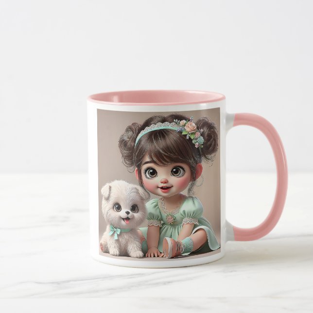 Mug Petite fille en robe verte et son chiot blanc . (Droite)