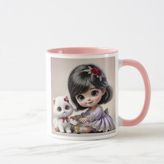 Mug Petite fille en robe violette et son chat blanc . (Droite)