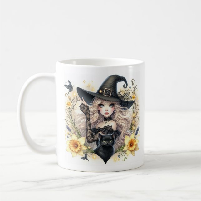 Mug Petite sorcière au chat noir avec des jonquilles T (Gauche)