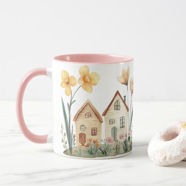 Mug Petites maisons Cottage floral vintage (Avec donut)