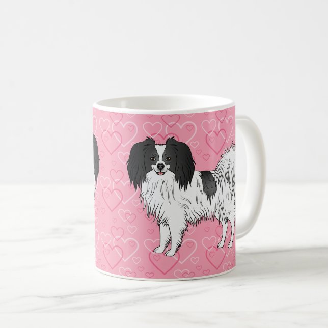 Mug Phalène Chien Noir Et Blanc Heureux Sur Des Cœurs  (Devant droit)