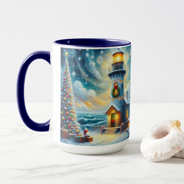 Mug Phare de Noël Arbre Nautique Bleu Côtier (Avec donut)