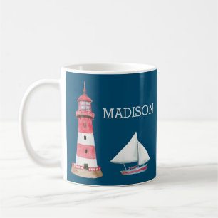Mug Phare nautique voilier nom rouge blanc bleu
