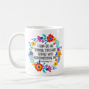 Mug Philippiens 4:13 Bible Écriture Folk Art Floral