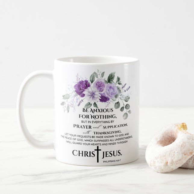 Mug Philippiens 4:6-7 Écriture Fleurs violettes pourpr (Avec donut)