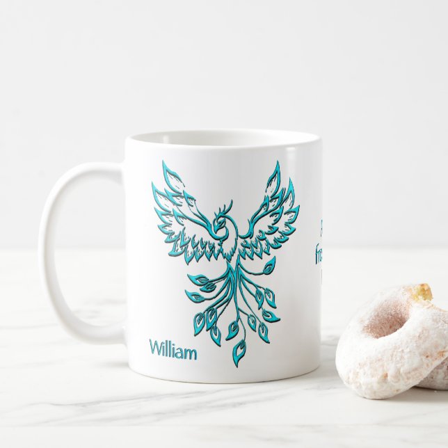 Mug Phoenix bleu Turquoise personnel se lève du lit (Avec donut)