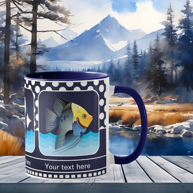 Mug photo bleu marine classique (Navy blue mug featuring your own favorite photos framed by a retro polka dot design)