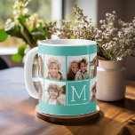 Mug Photo Collage Instagram tendance Monogramme person<br><div class="desc">Bleu turquoise et blanc - Utilisez 11 photos carrés pour créer un cadeau unique et personnel. Ou vous pouvez garder le chiot hipster et faire un gardien branché. Si vous avez besoin d'ajuster les images,  cliquez sur l'outil personnaliser pour apporter des modifications.</div>