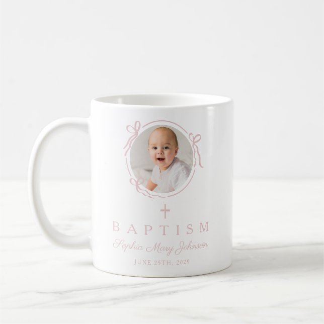 Mug Photo de baptême d'une fille élégante rose (Gauche)