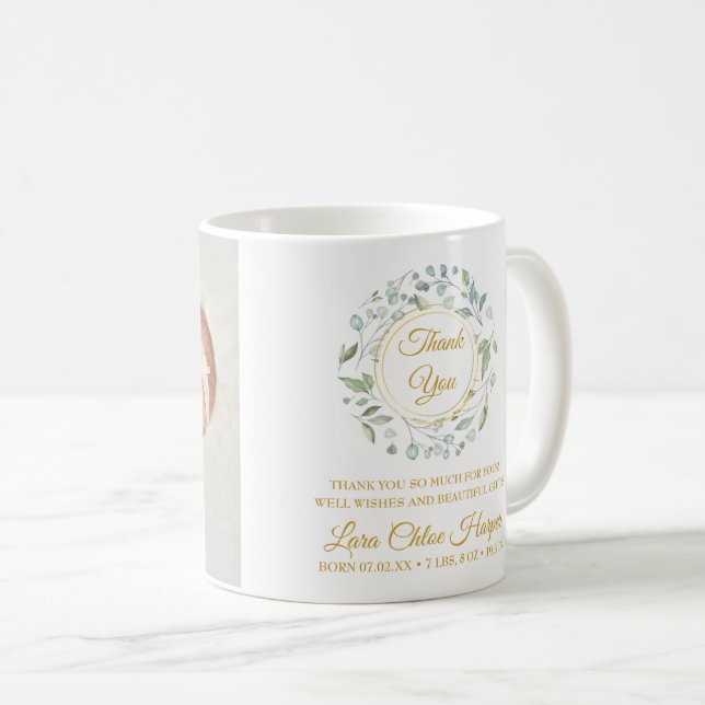 Mug Photo de bébé avec feuillage or Merci (Devant droit)
