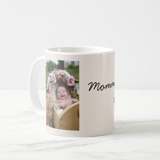 Mug Photo de bébé et de chat, berceau, fleurs (Devant gauche)
