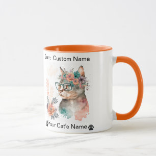 Mug Photo de chat personnalisée et nom Floral Cat Glas