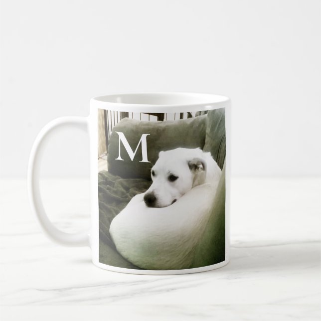 Mug Photo de Chien blanc Curled Up Custom Single Initi (Gauche)