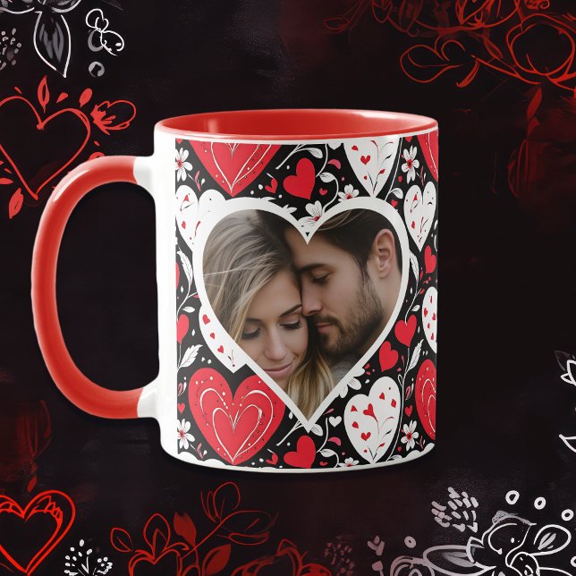 Mug Photo de Coeurs et Fleurs rouges, noirs et blancs (Créateur téléchargé)