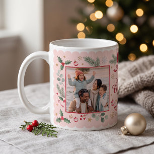 Mug Photo de famille Joyeux Noël avec ruban rose