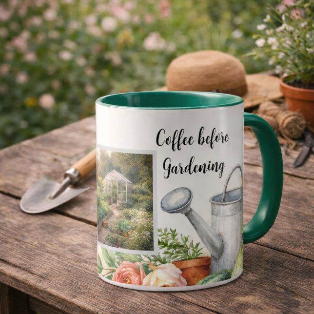 Mug Photo de jardin personnel avant le café (Create your own "Coffee before gardening" photo personal garden mug. You can add your own photos.)