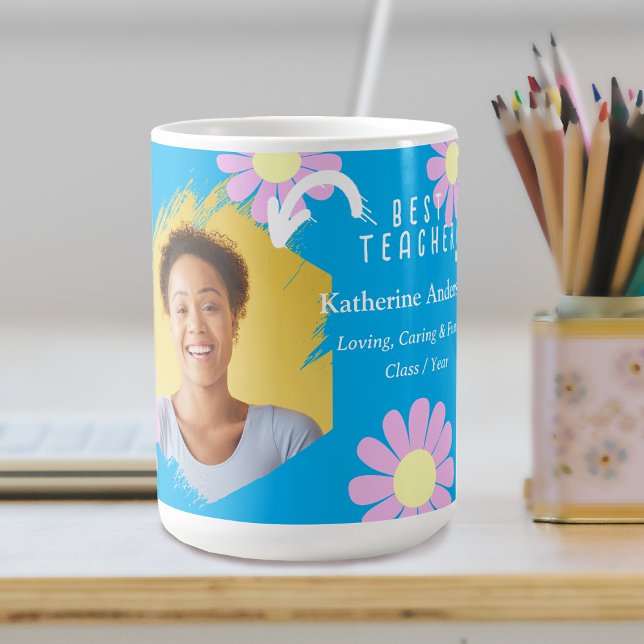 Mug Photo de la meilleure enseignante Daisy Bleu (Daisy Best Teacher Blue Coffee Mug.)