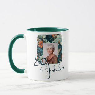 Mug Photo de naissance avec fleurs et 80 ans fabuleux