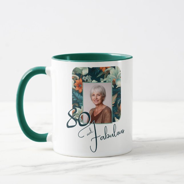 Mug Photo de naissance avec fleurs et 80 ans fabuleux (Gauche)
