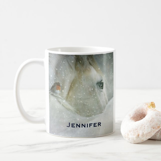 Mug Photo de White Horse and Bird en hiver (Avec donut)