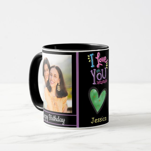 Mug Photo et nom d'anniversaire heureux et moderne (Devant gauche)