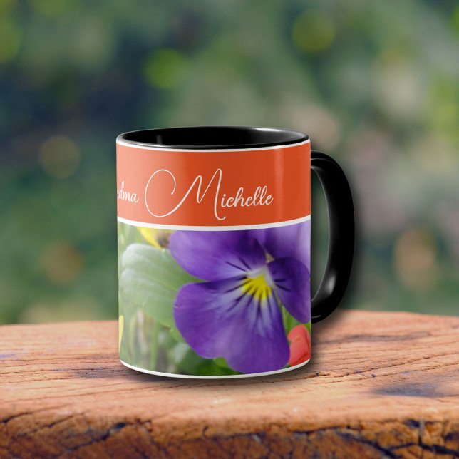 Mug Photo Fleurs d'été (Summer colors of orange, yellow, purple, and green. A happy morning mug)