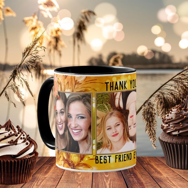 Mug Photo Merci Meilleure Amie Douce comme du Miel (Best friends photo mug featuring your own photos framed by a honey sweet floral design with roses)