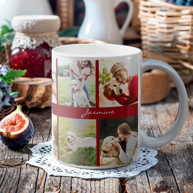 Mug Photo moderne Collage Chien Bourgogne (Celebrate your furbaby with this photo collage mug.)