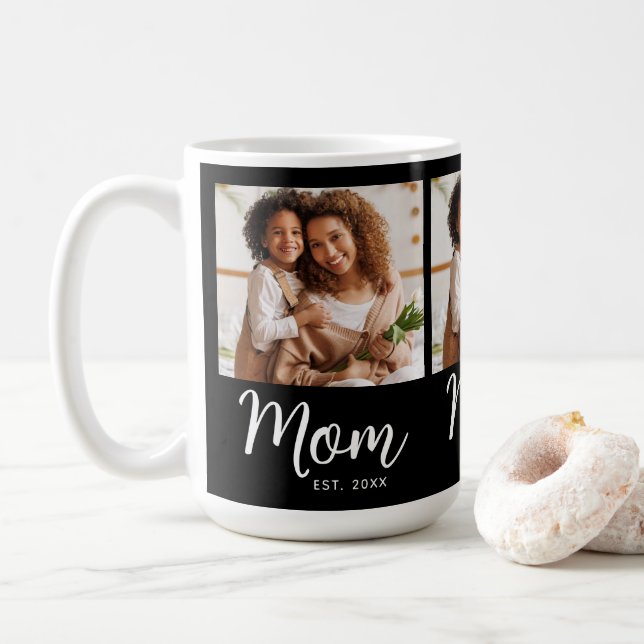 Mug Photo Mom Established Date Black White Script Gift (Avec donut)
