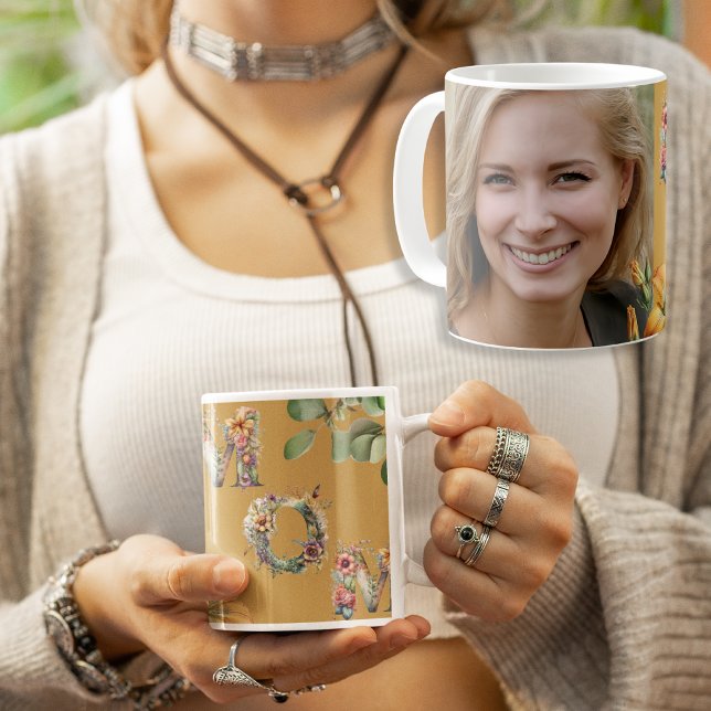 Mug Photo MOM florale de moutarde personnalisée (Personalized Mustard Floral MOM Photo Coffee Mug)