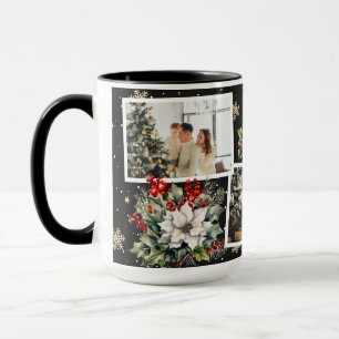 Mug Photo Noël Poinsettia Holly Berries Black