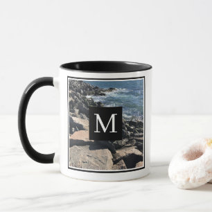 Mug Photo Ocean Waves and Rocks Initial Black