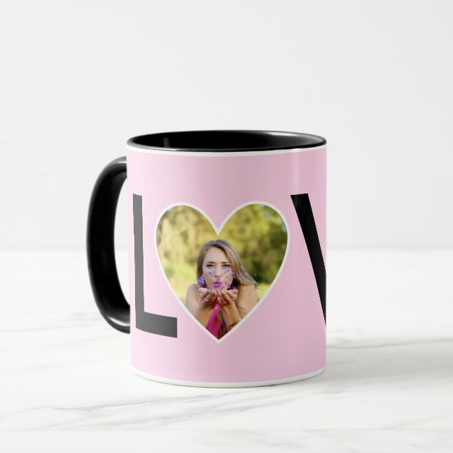 Mug Photo personnalisée dans un cadre de cœur rose béb (Devant gauche)