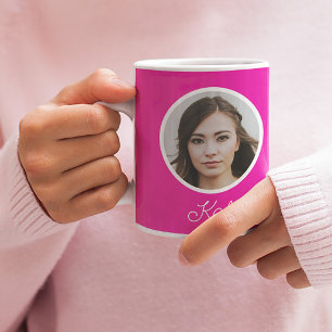 Mug Photo personnalisée et nom monogrammé rose chaud