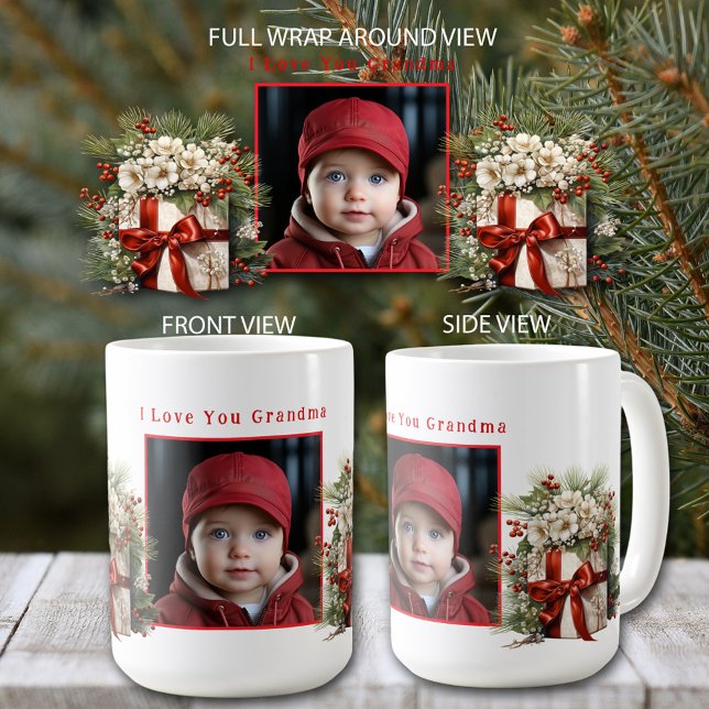 Mug Photo Présente Des Branches De Pin De Ruban Satin (Personalize with your favorite photo and text.)