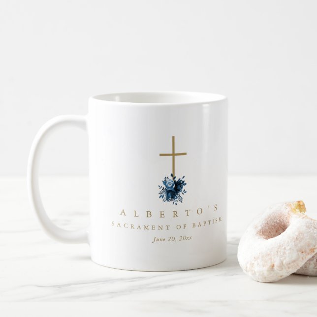 Mug Photo simple bleu floral Croix catholique Baptême (Avec donut)