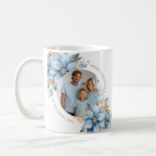 Mug Photographie de Noël Icy Blue Gold Poinsettia Flow