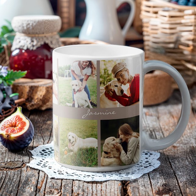 Mug Photos modernes Collage Taupe Chien (Celebrate your furbaby with this photo collage mug.)