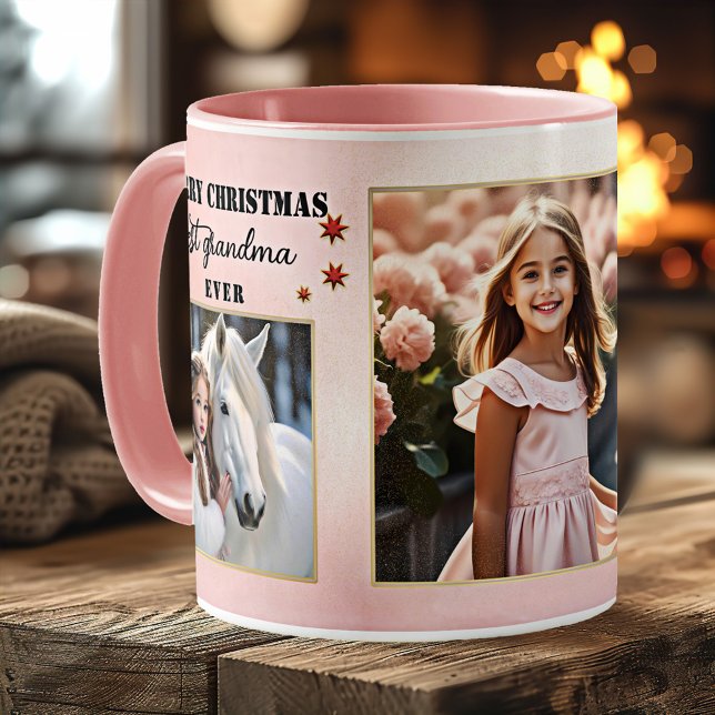 Mug Photos personnalisées Meilleure grand-mère Jour ro (Christmas mug featuring custom photos on pink with festive red and gold stars - gift for grandma)