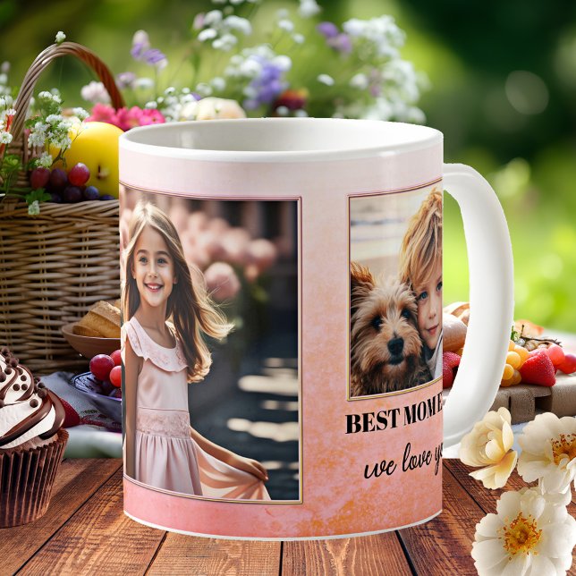 Mug Photos Personnalisées Meilleure Maman Jamais Rose  (Mug featuring custom photos on a pink orange retro design. Nice as a gift for Mother's Day)